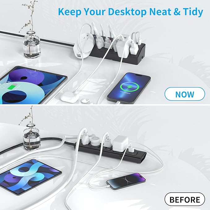 Desk Clamp Power Strip with 40W Fast Charging Station, JXGUCAT Removable Desk Clamp Mount Power Strip Surge Protector, 2 USB-C Ports, 6 AC Outlets and 10ft Cord, Fits 1.8" Tabletop Edge