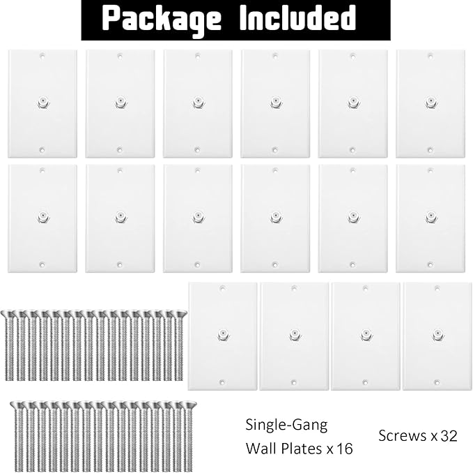 1-Port TV Cable Wall Plate F Connector Wall Plate Coax Wall Plate Video Wall Jack Single Gang Wall Plates (White, 16 Pcs)
