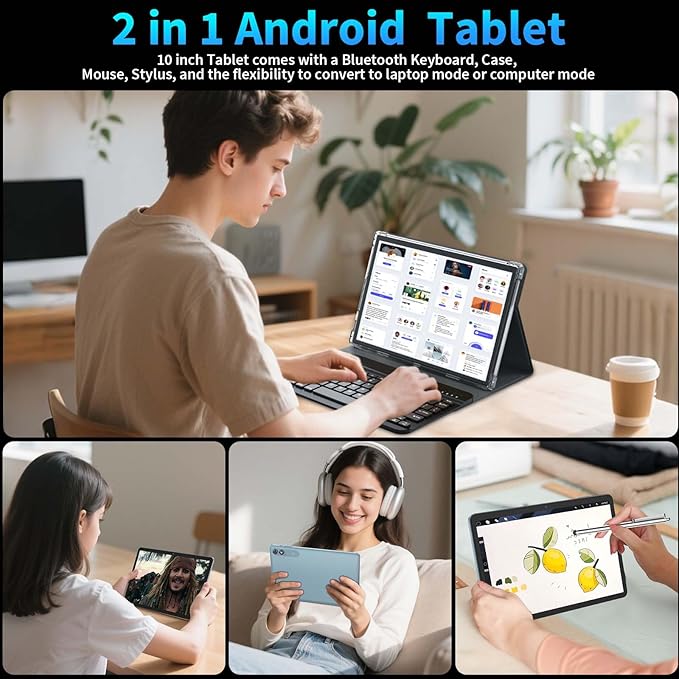 2025 Android 15 Tablet with Keyboard, 24GB+128GB+2TB Expand, 10.1 Inch Octa-Core 2-in-1 Tablets with 5G/2.4G WiFi, 8000mAh, BT5.0, GMS Certified, with Mouse, Case, Stylus, Split Screen(Green)