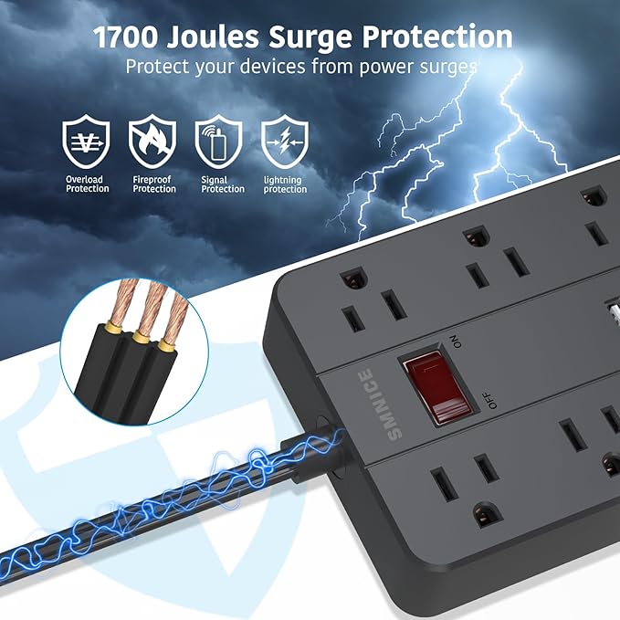 10 Ft Extension Cord Surge Protector, SMNICE 8 Widely Spaced Outlets and 6 USB (1 USB C) Charging Ports Flat Plug Power Strip, Desktop Power Cord for Travel Home Office Accessories Black