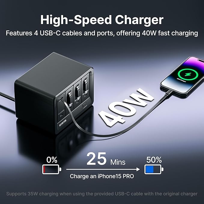 Gitryin 12-in-1 Desktop Charging Station with 4 Retractable Type-C Wall Chargers, 40W USB-C Power Strip with Flat Plug, Extension Cord with 1020J Surge Protection for Home Office