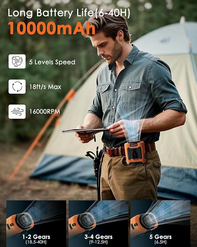 Portable Waist Fan Clip on, Personal Wearable Belt Fan 10000mAh Rechargeable Battery Under Shirt,5 Speeds with light, Neck Fan Hands-Free Cooling For Outdoor Camping Travel (Orange)