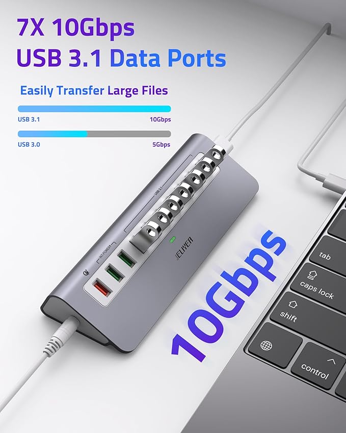 Powered USB Hub 10Gbps, 10 Ports USB 3.1 Gen 2 Hub Power Multiport USB Splitter USB Extender (7 USB 3.1 Data Port and 3 Fast Charging Port) with 36W Power Adapter, for Desktop/USB-A&USB-C Laptop/PC