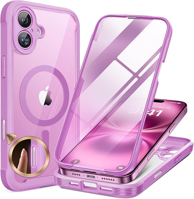 Miracase Magnetic for iPhone 16 Plus Case Full-Body Phone with Built-in Glass Screen Protector, [Compatible with MagSafe] Military Drop Proof 16 Plus Cover Bumper 6.7 inch, Pink