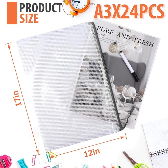 24pcs Mesh Zipper Pouch, Puzzle Storage Bags, A3 17x12 Inches Large Reusable Zipper Pouches for for Classroom Office Supplies Organizing, Extra Large Zipper Bags, Board Game Storage