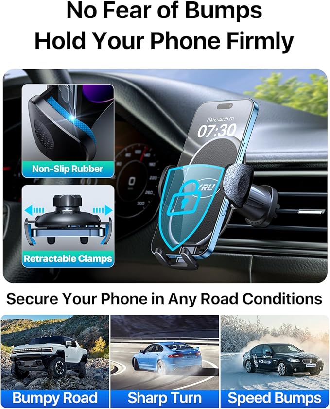 YRU Car Phone Holder [2025 Upgraded Metal Hook Clip], Phone Holders for Your Car [No Fear of Bumps] Air Vent Cellphone Mount Widely Compatible with iPhone16 15 14 13 12 Samsung Android, Black