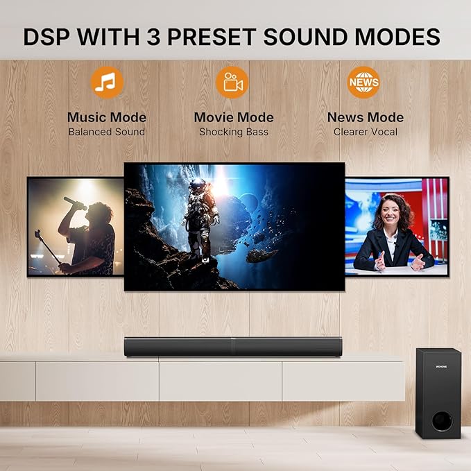 Wohome 2 in 1 Detachable Sound bar with Subwoofers, 4.1 Channel Bluetooth Sound Bar for Smart TV, Home Theater Surround Sound System, Optical, AUX, USB Input, Bass Adjust, Remote/Button Control