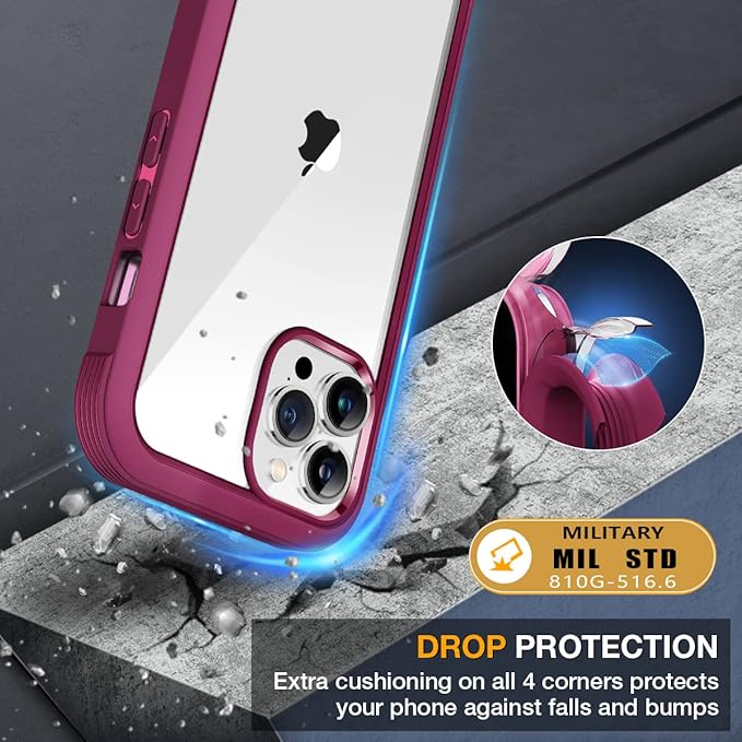Miracase Glass Case for iPhone 13 Pro Max 6.7 inch, Upgrade Full-Body Clear Bumper Case with Built-in 9H Tempered Glass Screen Protector for iPhone 13 Pro Max, Claret Red