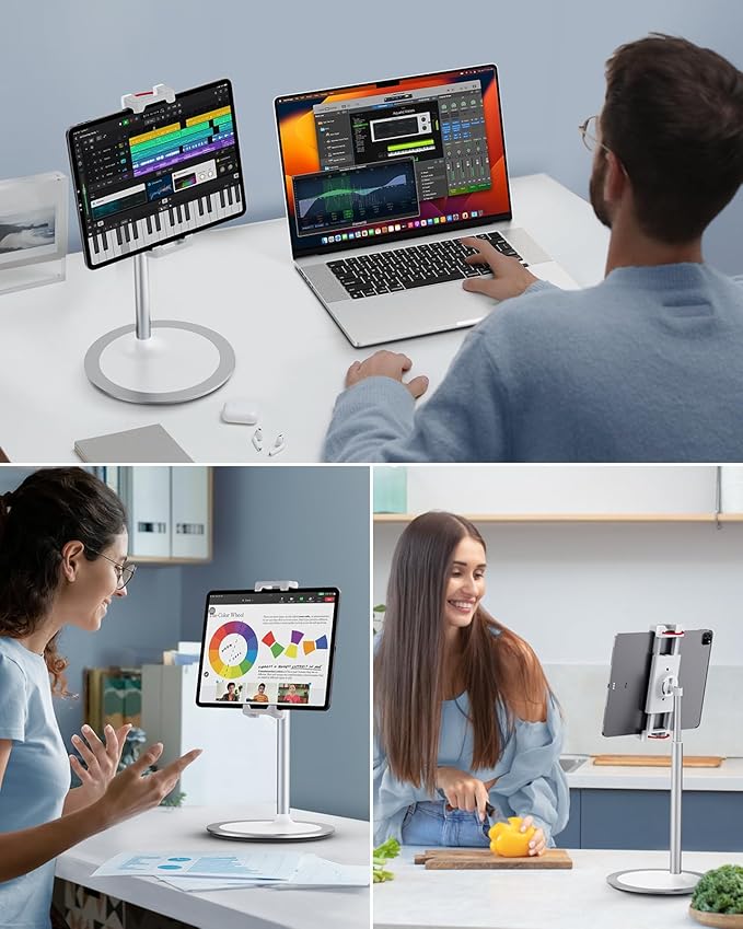 SAIJI Tablet Stand Holder, Height Adjustable Portable Monitor Stand, 360 Degree Rotating, Aluminum Alloy Cradle Mount Dock for 4.7"-15.6" Screen iPhone Samsung, iPad, Kindle, eBook Reader (Silver)