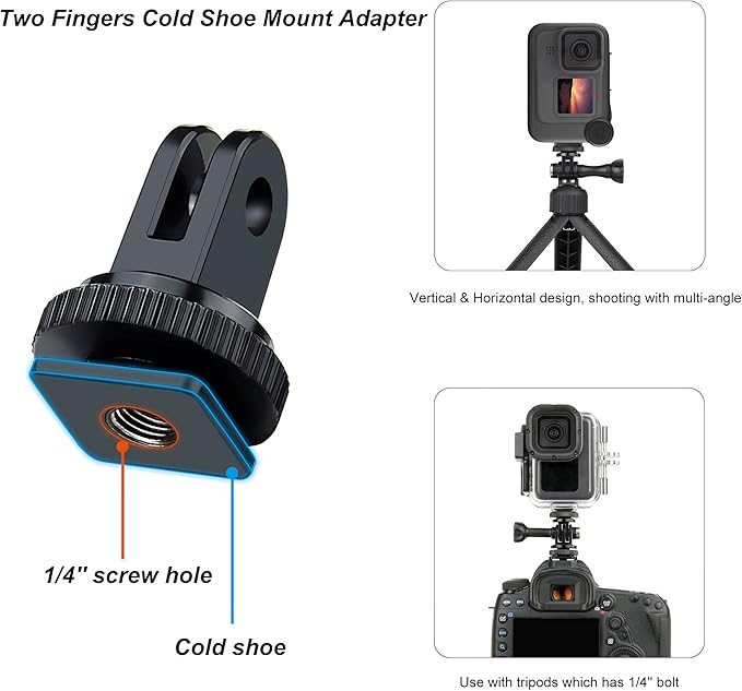 SOONSUN Tripod Mount Kit with 1/4"-20 Conversion Adapter and Cold Shoe Mount with 1/4" Thread, Compatible with GoPro Hero 13 12 11 10 9 8 7 6 5, DJI Osmo, AKASO, SJCAM, Insta360, DSLR Cameras