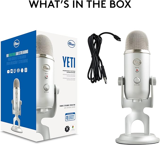 Blue Microphones Yeti Silver USB Mic for Recording, Streaming & Gaming on PC and Mac with Blue Voce Effects 4 Pickup Patterns, Headphone Output, Volume Control, Mic Gain Control, & Adjustable Stand