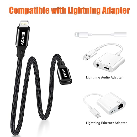 AGVEE 4 inch Lightning Extension Cable, Braided Female to Male Extender Full Function Cord Compatible with iPhone iPad, Data Sync Video Audio & Charging Connector Adapter, Black