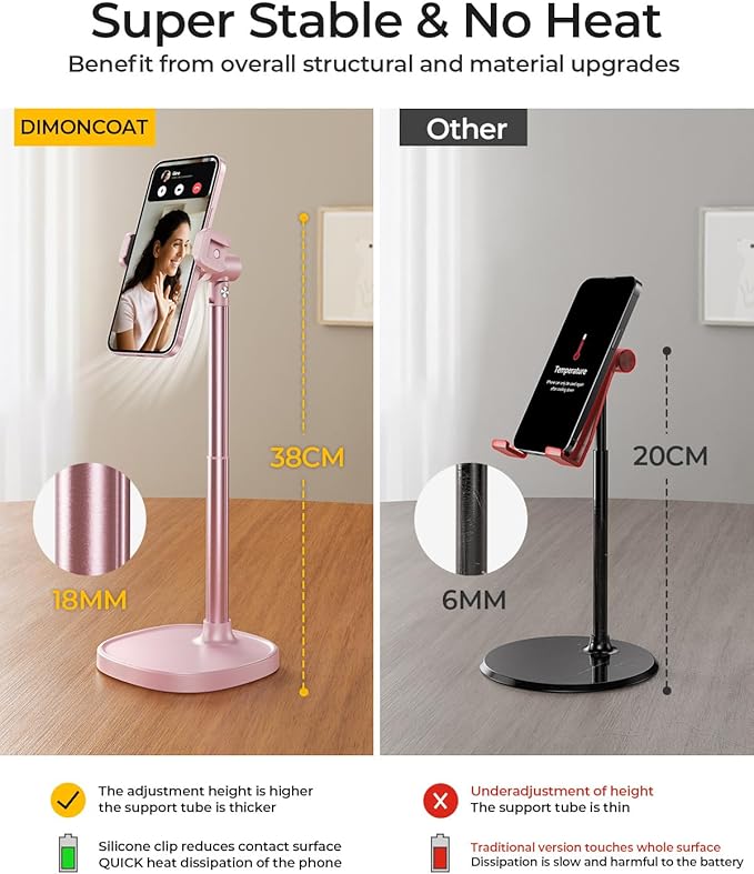 DIMONCOAT Phone Stand for Desk, Angle Height AdjustablePhone Holder for Desk, Aluminum Alloy Universal iPhoneStand Holder, Retractable Cell Phone Stand Recording Office for iPhone 16 15 Pro Max -Pink
