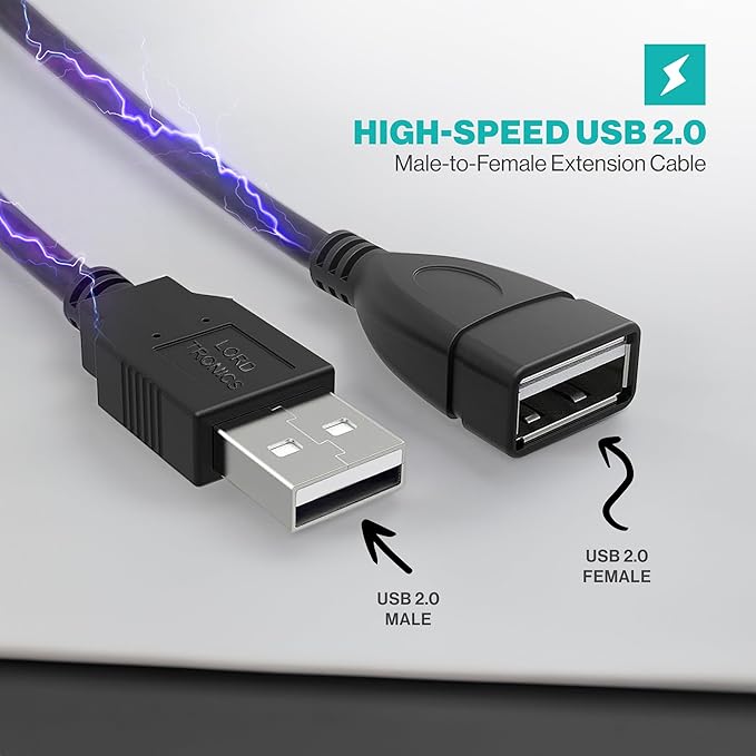 Long USB Extension Cable 10FT - Male to Female Data Transfer Adapter and Charging for Laptop, PlayStation, Xbox, Flash Drive - Black
