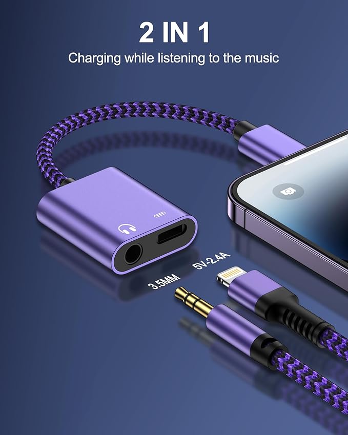 iPhone Dongle Headphone and Charger 2 in 1, Lightning to 3.5mm Audio Jack + Charge Splitter [Mfi Certified] iPhone Aux Adapter Female Converter for Apple 14 Plus 13 12 11 Pro Max XR XS iPad Mini iPod