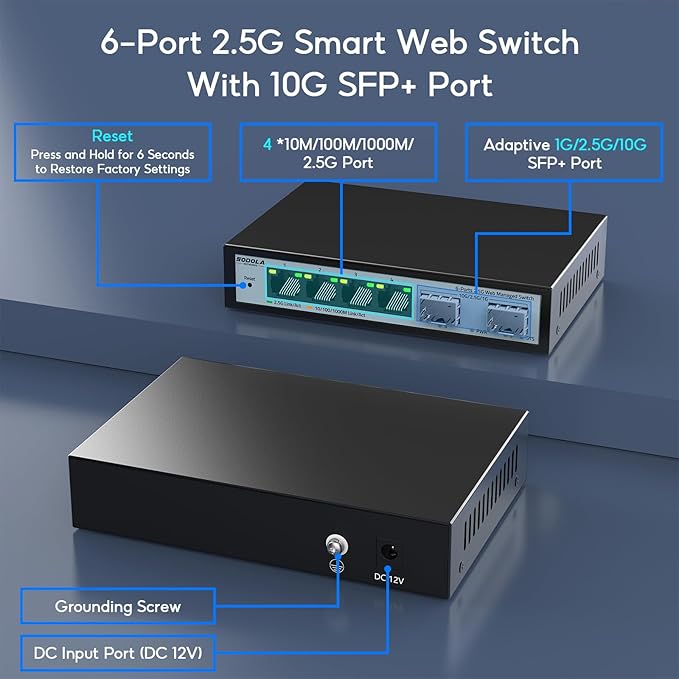 SODOLA 6 Port 2.5G Easy Web Managed Switch, 4 x 2.5G Base-T Ports, 2 x 10G SFP+, Static Aggregation,QoS/VLAN/IGMP, 2.5Gb Network Homelab Switch