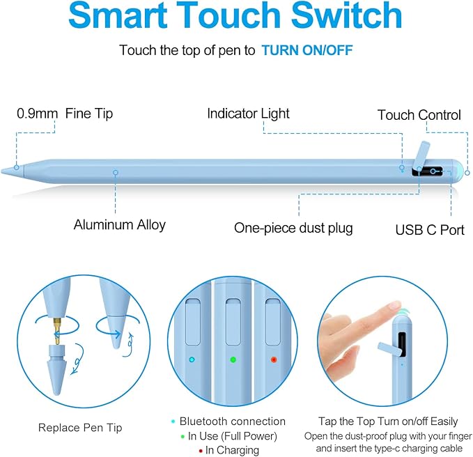 Stylus Pen for iPad 2018-2025 with Palm Rejection, Apple Pencil for Pad11th/10th/9th/8th/7th/6th Gen, iPad Pro 11/12.9 inch, New iPad Air 2025 11&13-inch(M3/2) /5th/4th/3th Gen, iPad mini 6th/5th