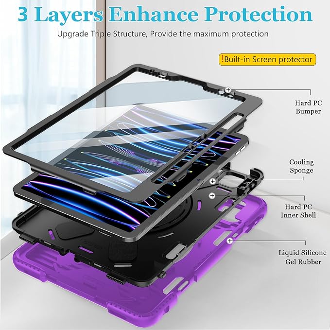 Case for iPad Pro 11 Inch 2022/2021/ 2020/2018: Silicone Cover for iPad 11 Inch 4th/ 3rd/ 2nd/ 1st/ Generation with Screen Protector- Stand- Handle- Shoulder Strap- Pencil Holder- Purple
