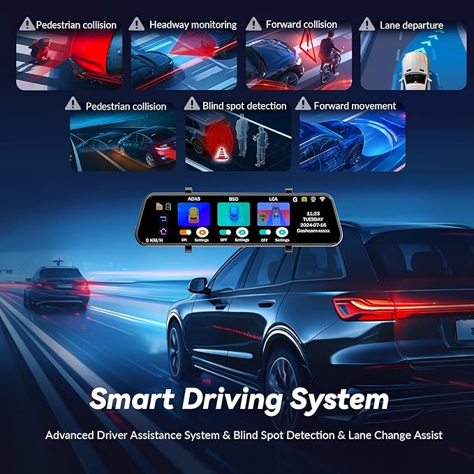 Mirror Dual Dash Camera,4K and 1080P Dash Cam with Voice Control Rear View Mirror Camera and WiFi,GPS Dashcam for Cars with WDR Night Vision, G-Sensor, 24 Parking Monitor ABS (Include 64FGB Card)