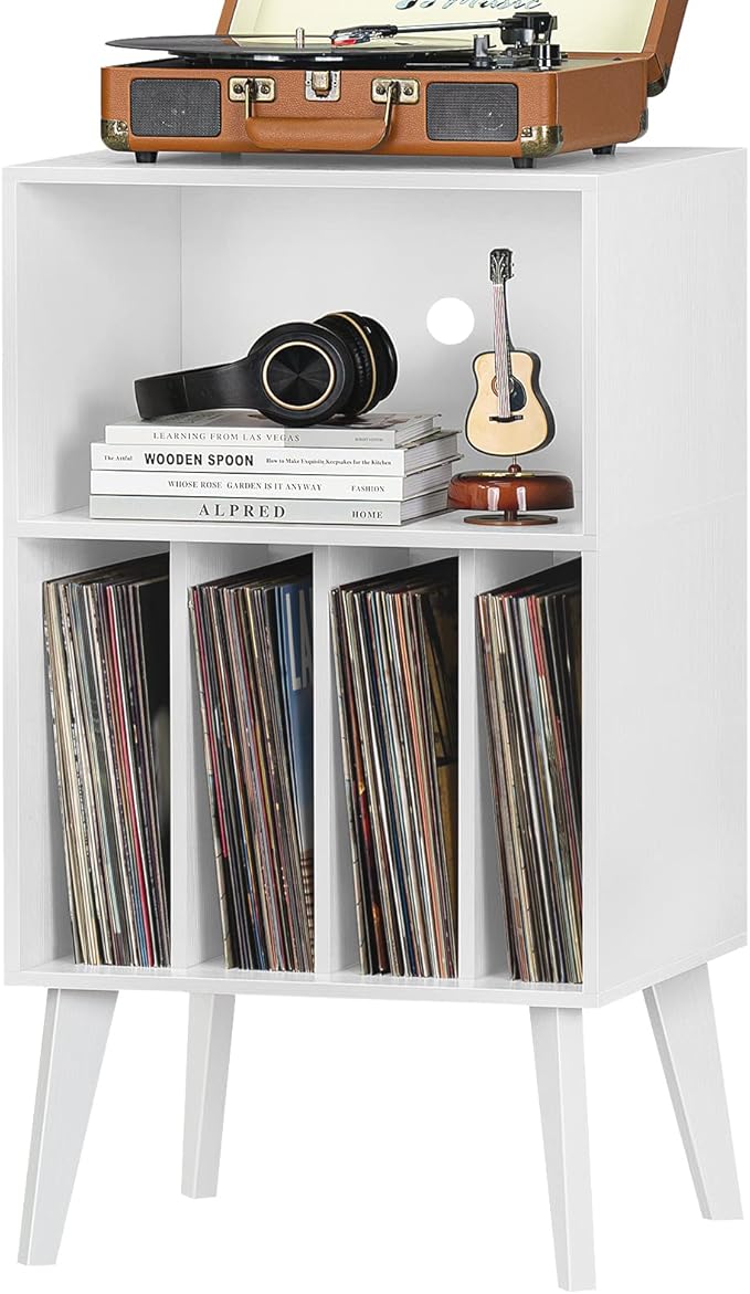Lerliuo Record Player Stand, White Turntable Stand Holds up to 160 Albums, Mid-Century Vinyl Storage Cabinet Table with Solid Wood Legs, Record Player Holder Dispaly Shelf for Bedroom Living Room