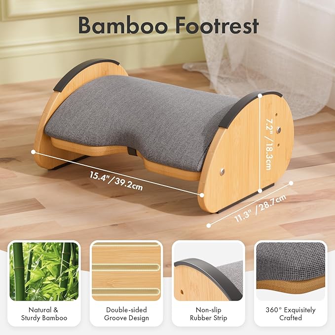 Amazer Bamboo Under Desk Footrest with Cushion 3-in-1, Reversible Ergonomic Rocking Foot Rest for Under Desk at Work, Adjustable Foot Stools with Washable Cover, Desk Leg Rest for Home Office