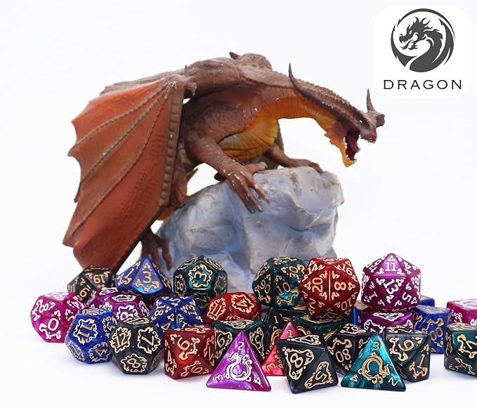 Polyhedral DND Dice Set, 5 Pack Vintage Dragon-Patterned Dice Sets Compatible with Dungeons and Dragons D&D RPG Games,35 Pieces (5 Colors with Black)