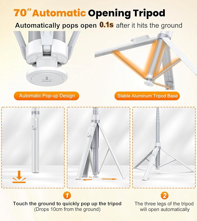 TONEOF 70" Automatic Tripod,Auto-Open Phone Stand with Magnetic Rechargable Remote,Selfie Stick 360° Vertical & Horizontal Rotatable,Stable Travel Tripod for iPhone/Android(White)