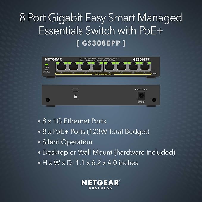 NETGEAR 8 Port PoE Gigabit Ethernet Easy Smart Managed Essentials Switch (GS308EPP) - with 8 x PoE+ @ 123W, Desktop or Wall Mount