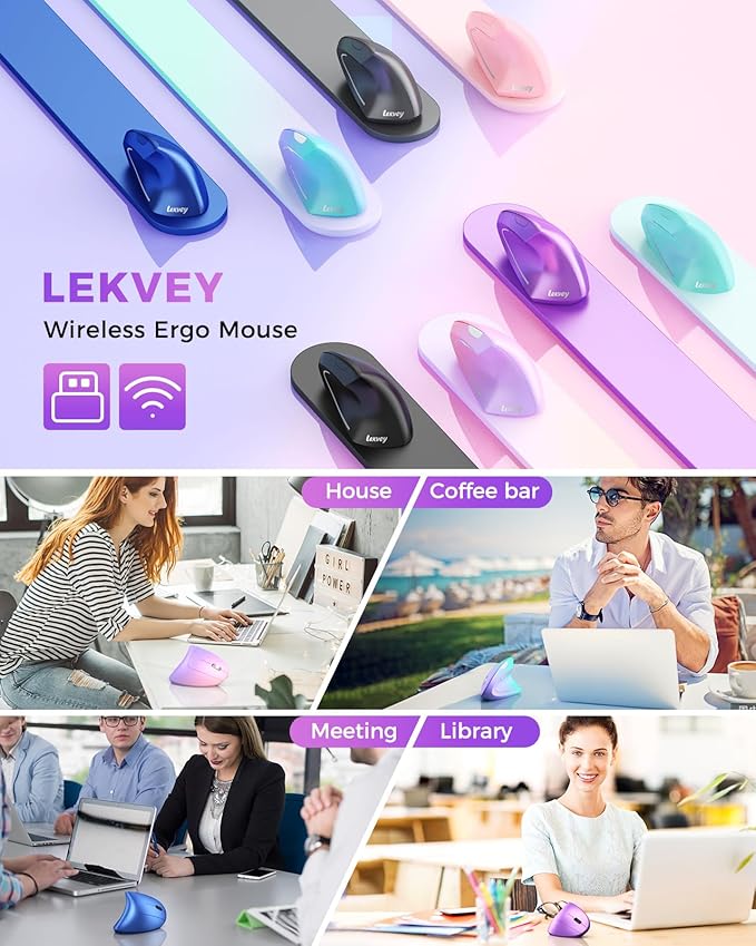 Lekvey Ergonomic Mouse, Wireless Vertical Mouse Rechargeable 2.4 GHz Optical Carpal Tunnel Mice : 800/1200 / 1600 DPI, 6 Buttons, for Laptop, PC, Computer, Desktop, Notebook etc, Purple