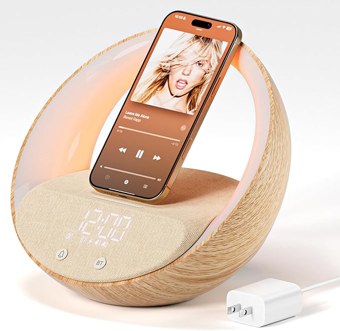 Bluetooth Alarm Clock, Sunrise Simulation Wake Up Night Light, 15W Fast Wireless Charging Alarm Clock for Bedroom, 10W Bluetooth Stereo Sound Speaker, USB Charger Port