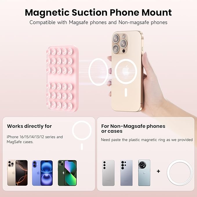 Patented Magnetic Sticky Phone Suction Grip Mount for MagSafe Case,Magnet Silicone Portable Stand Holder for iPhone 16/15/14/13/12 Series and Android, Hands-Free Selfies and Videos,Chalk Pink