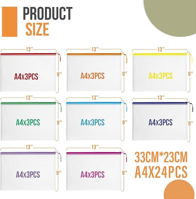 24pcs Mesh Zipper Pouch Bags Puzzle Storage Bags, A4 13x9 Inches Large Reusable Zipper Pouches for Classroom Organizing Board Game Home Organization