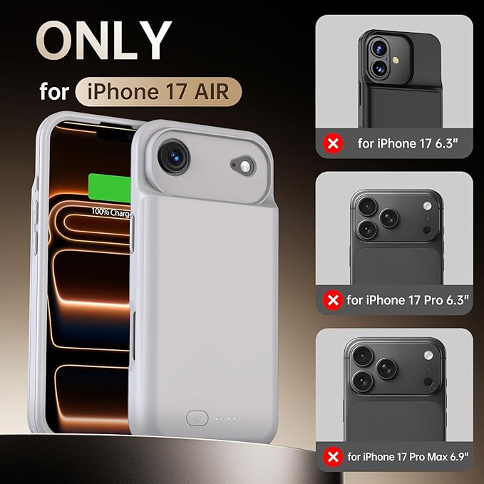 GIN FOXI Battery Case for iPhone 17 AIR, Charging Case Charger 8500mAh Ultra-Slim Lightweight Powerful Battery Pack 15W Fast Rechargeable Anti-Fall TPU Juice Box for iPhone 17 AIR (6.5") Grey