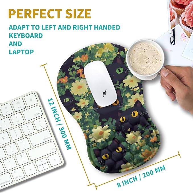 Hokafenle Ergonomic Mouse Pad Wrist Support, Wrist Rest Mousepad for Carpal Tunnel Pain Relief with Integrated Memory Foam Slope Massage Bulge (11.8x7.9 inch,Cute Cat