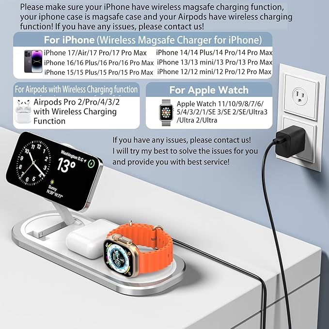3 in 1 Fast Wireless Charger Stand for iPhone, Foldable Travel Charging Station for Magsafe for iPhone 17/Air/16/15/14/13/12 Series, Apple Watch Series, AirPods pro/2/3/4, Gifts for Women Men (Silver)
