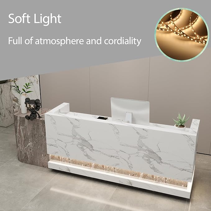 Front Desk Reception Counter - Lockable Storage & Keyboard Tray | Reception Desk with Counter, Customizable Large Counter Table (Grey+White, 120'')
