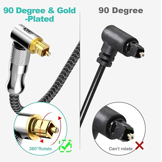 EMK Premium 24K Gold-Plated Right Angle Optical Cable – 90° Toslink to Toslink (2.4M/8Ft), 360° Rotatable for Soundbars, TVs & Home Theater