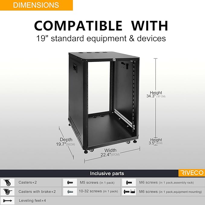 RIVECO POMU 18U Stereo & Server Rack with Caster Wheels, Rolling Network Cabinet, Open Frame for 19 inches Audio Video Music Recording & IT Equipment, Obtuse Angel, Lifting Handle