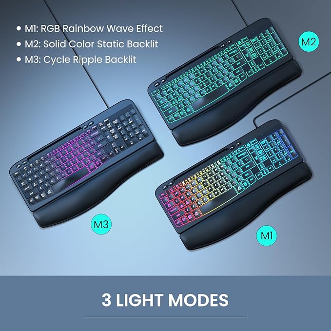 Ergonomic Backlit Keyboard with Wrist Rest, 7 Colors USB Wired Computer Keyboard, Wave Keys, with Phone/Tablet Holder, Comfortable Lighted Keyboard for PC, Windows and Mac