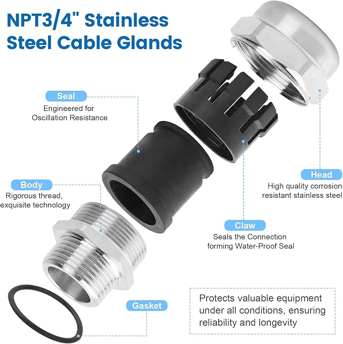2 Pcs 3/4" NPT Stainless Steel Waterproof Cable Gland, IP68 Waterproof Adjustable Cable Glands, Strain Relief Cord Grip Connectors with Gaskets and Locknut for 13-18mm Cable Diameter
