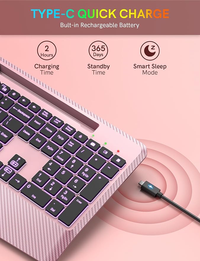 Wireless Keyboard with 7 Colored Backlits Wrist Rest, Phone Holder, Rechargeable Ergonomic Computer Keyboard with Silent Key, Full Size Lighted Keyboard for Windows, Mac, PC, Laptop (Rose gold)