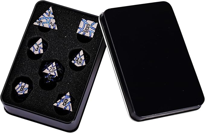 DND Crack Stripe Dice,Metallic Glitter Dice Set with Gift Box,Metal Polyhedral D&D Dice for Role Playing Game(Black Nickel Blue)