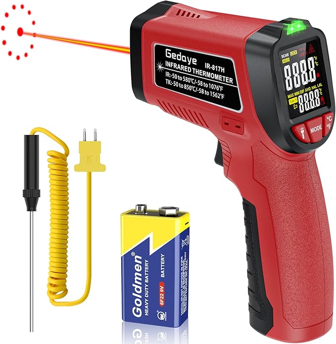 Infrared Thermometer Gun, Gedaye Laser Temperature with IR Pointer 13:1, Meat Temp Gun with Metal Probe, Adjustable Emissivity, -58℉ to 1076℉, Heat Thermometer for Cooking Pizza Oven Grill Fridge BBQ