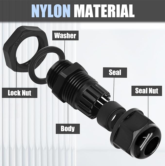 2 Pcs 1" NPT Nylon Cable Glands, Black Strain Relief Cable Cord Connector IP68 Waterproof Junction Box Wire Protectors Adjustable for 18-25mm Cable Diameter