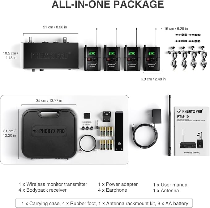 Phenyx Pro Wireless in-Ear Monitor System, Stereo IEM System with Rack Mount Kit, 89 Frequencies, 900MHz UHF Band, 164ft Range, Suitable for Stage & Studio (4 Bodypacks with Transmitter)