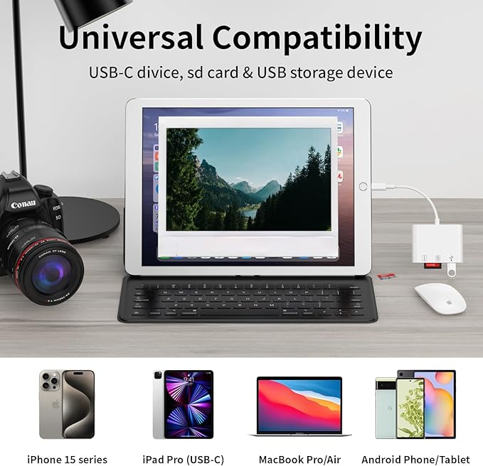 USB C SD Card Reader,3 in 1 USB C Memory Card Reader with Dual Slots and USB Port for iPhone 16 15 Pro Max 15 Plus/Mac/iPad Pro/MacBook Pro/Air/Mini Android Laptop More USBC Typec Devices-Plug & Play