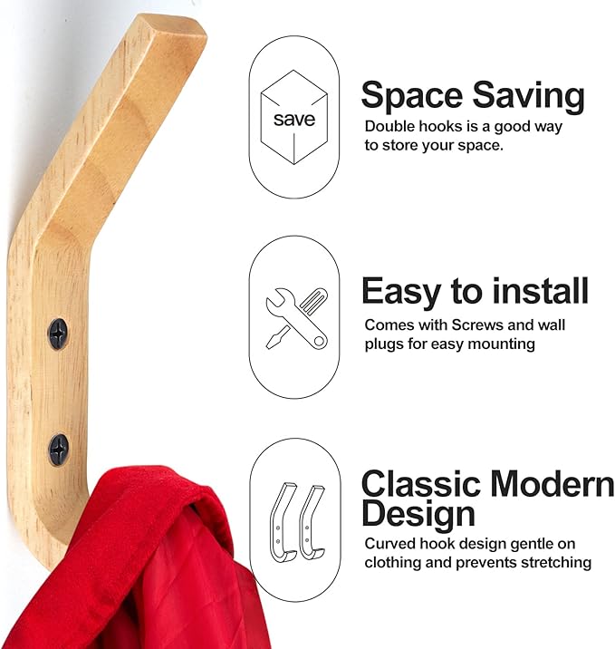 HNYYZL Wooden Wall Hooks, 6 Pack Wood Hooks Wall Mounted, Modern Coat Hooks, Heavy Duty Double Hooks with Metal Black Screws, Wood Wall Hooks Organizer for Hanging Coat, Hat, Scarf, Bag, Towel