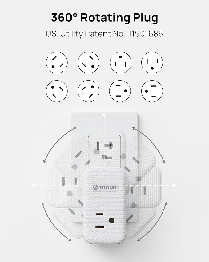 TROND Multi Plug Outlet Extender 2 Pack, 3 Way Outlet Splitter with 360 Rotating Plug, PD 20W USB C Charger Station, Sideways Adapter for Kitchen Bathroom Cruise Ship Travel Essentials