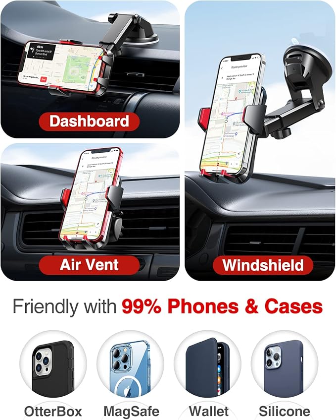 VANMASS 【2025 Strongest & Military-Grade Car Phone Mount 【Patent & Safety】 Ultimate Cell Phone Holder Best Handsfree Stand for Dash Windshield Vent for iPhone 16 Pro Max 15 14 Android & Truck, Red
