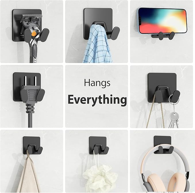 Adhesive Shower Hooks for Inside - Extra Sticky Stainless, Razor Holder Shower Accessories, Wall Mounted Self-Adhesive Double Hooks for Razor, Loofah, Towel, Shaver, Coat, Key, Matt Black, 4-Pack